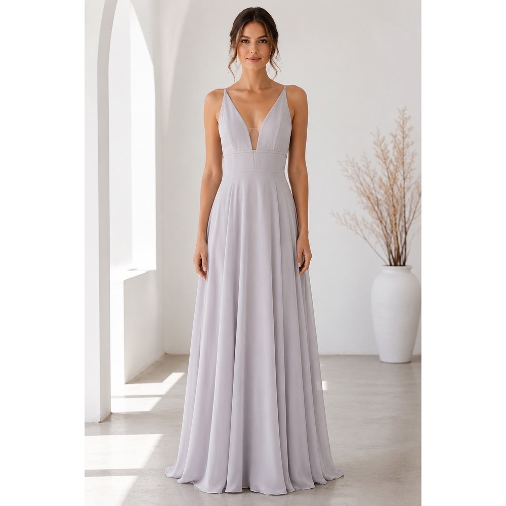 Jenny Yoo Hollis Opal Grey Luxe Chiffon Bridesmaid Gown Size 14 NWT
